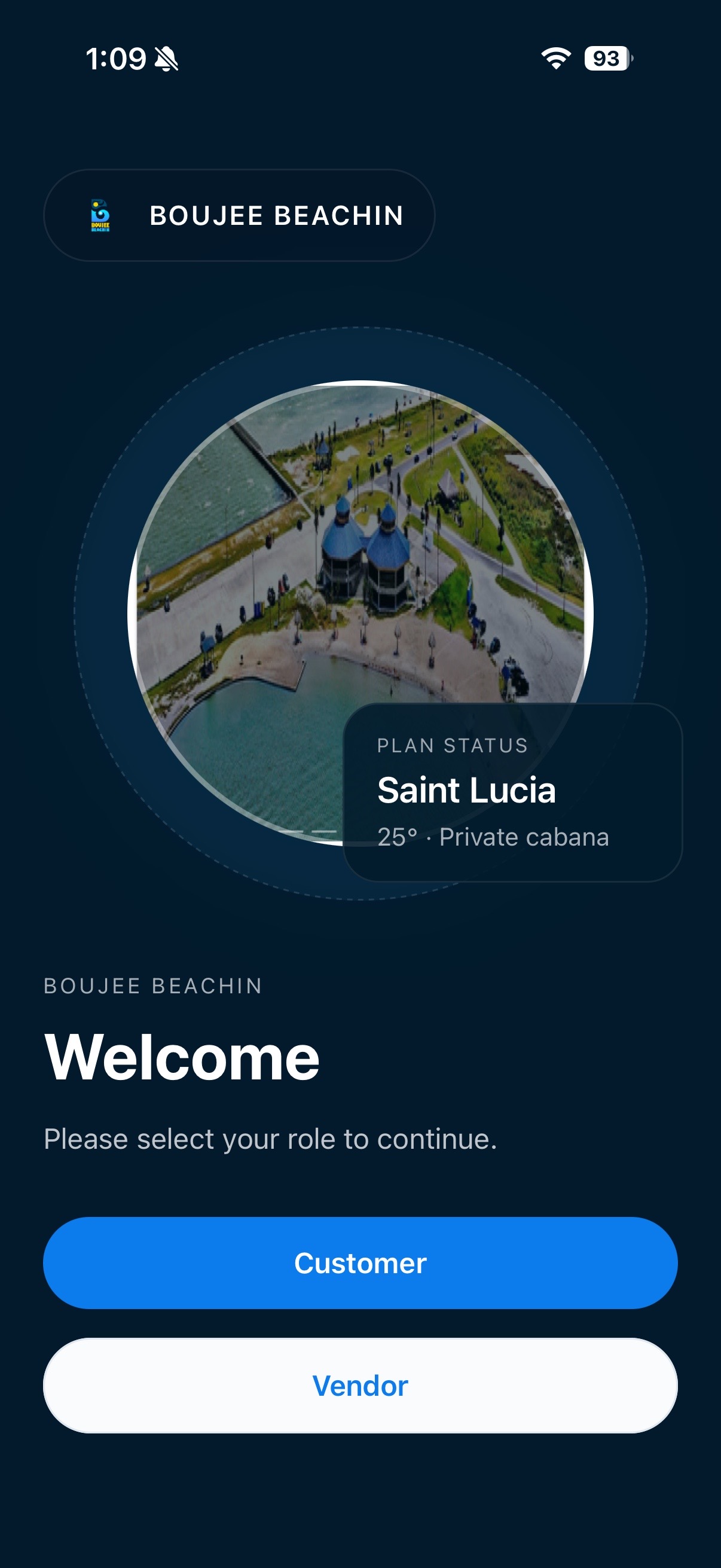 Boujee Beachin app vendor role selection screen