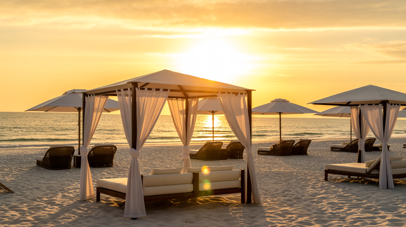 Beautiful Florida beach sunset with luxury setups